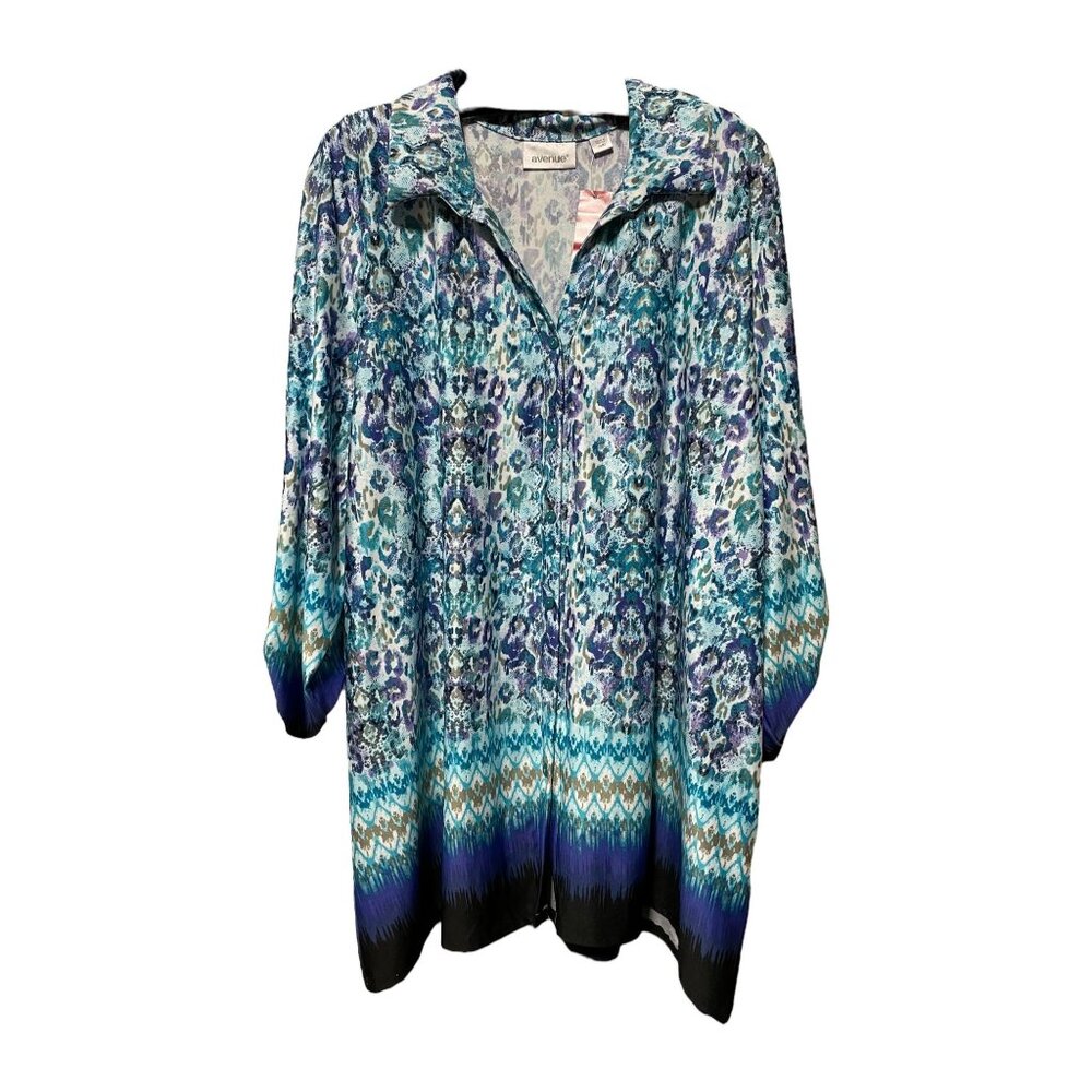Avenue Aqua Purple White Pattern Button down 3/4 length Sleeve